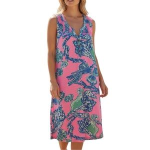 Lilly Pulitzer Pink, Blue & Green Tropical Print Sleeveless Midi Dress
